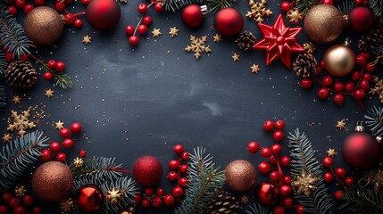 Elegant Christmas invitation card red and gold decorative elements copy space in the middle