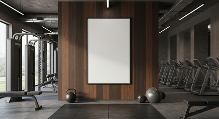 Modern Gym Interior Design with Blank Vertical Poster Mockup for Advertisement