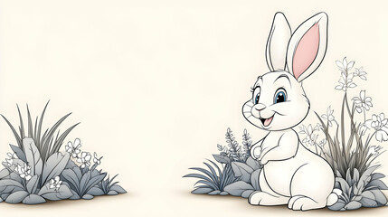 Obraz premium Adorable cartoon bunny in spring meadow with flowers