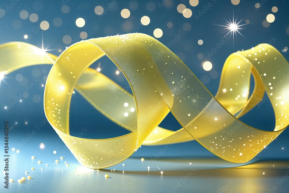 Poster dazzling lemon-yellow ribbon swirling on azure gradient canvas with soft light and sparkle