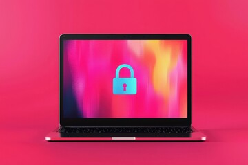 A laptop is centered against a vivid pink backdrop. The screen features a stylized padlock icon, symbolizing security.