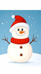 Cheerful snowman in red hat and scarf on snowy background