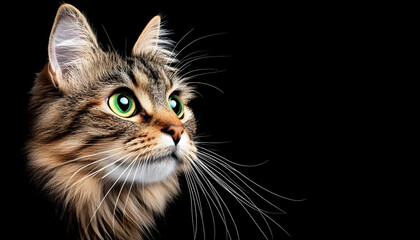Close-up of a long-haired tabby cat with bright green eyes, looking up against a black background