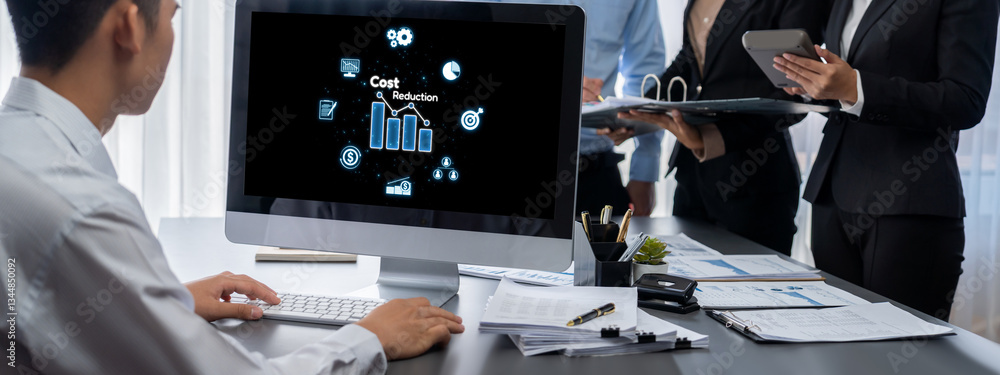 Poster cost reduction, cost saving concept shown on computer screen brisk, corporate business efficiently s