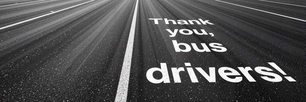 Thank you, bus drivers! inspirational message painted on asphalt road with light rays highlighting the text, community appreciation concept of public transport or transportation services