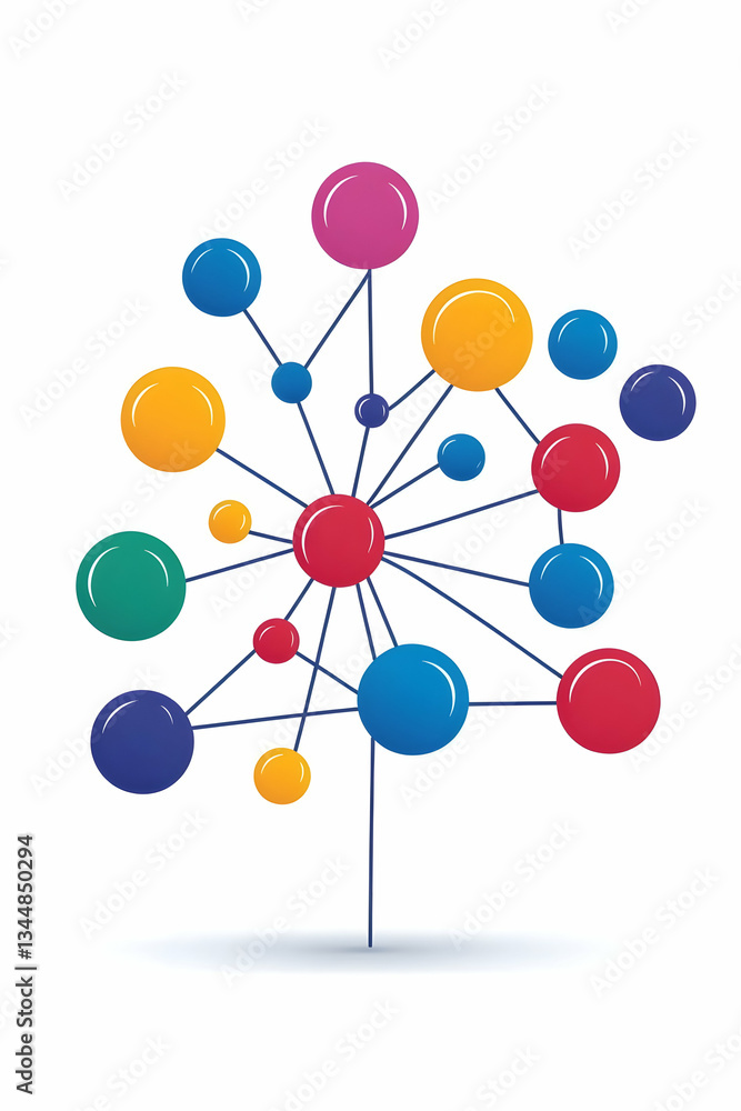 Poster colorful interconnected spheres forming a network tree structure