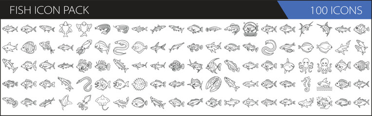 Fish icon pack with 100 outline designs - A collection of 100 fish-themed outline icons featuring various fish species, aquatic creatures, and marine elements in a minimalistic style.  
  
