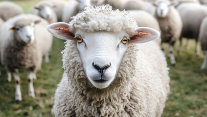 Obraz premium Close-Up Portrait of a Sheep in a Flock – Farm Animal, Livestock, and Nature Photography