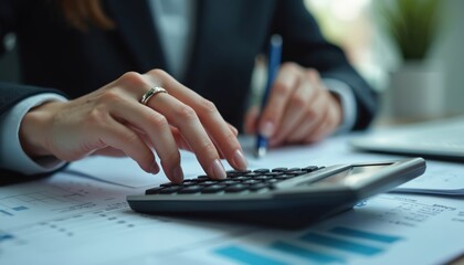 Fototapeta premium Accountant woman calculates data on calculator. Financial charts, graphs, pen, laptop and documents on office desk. Financial analysis, investment, budget, economy, marketing report, income concept.