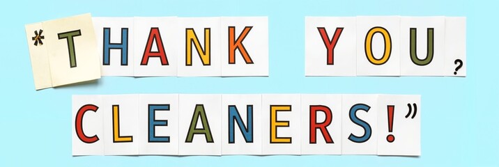 Colorful thank you letters on a blue background, expressing gratitude towards cleaners, corporate appreciation concept for cleaning services or hospitality industry