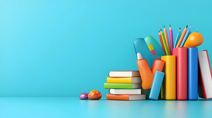 Colorful school supplies and books on a blue background