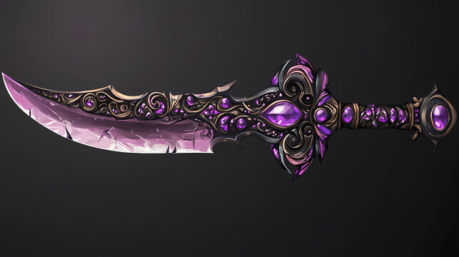 Fantasy cursed dagger with intricate designs and purple gemstones, isolated on transparency background, evokes sense of mystery and allure. Cursed Blade. Illustration