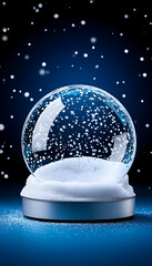 Crystal snow globe with falling snow against a dark blue background