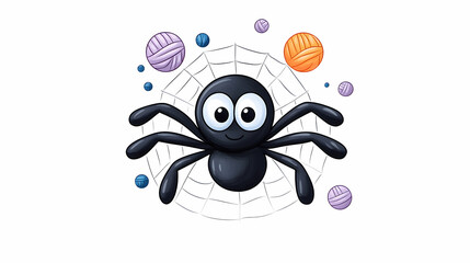 Obraz premium Cute cartoon spider on a web with yarn balls