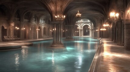 Grand,  ancient,  pool,  interior.  Detailed,  stone,  columns,  chandeliers,  luxury.  Serene,  water,  reflection,  ambiance