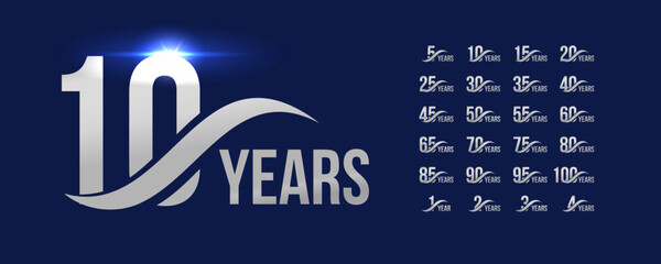 Silver anniversary emblem set with numbers representing different milestone years. Elegant corporate celebration design for branding, marketing, event promo, greeting card. Vector illustration