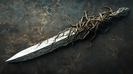 Mystical cursed dagger with double edged blade entwined in twisted roots and gnarled design. Cursed Blade. Illustration