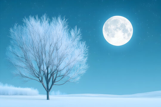 Frosty tree silhouetted against a bright full moon and starlit winter night sky