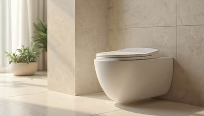 Minimalist bathroom interior. White toilet bowl on marble tiled wall. Modern wc design. Daylight illuminates washroom with green plant. Luxury apartment restroom. Home concept.