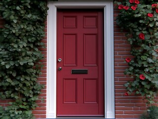 Crimson Doorway for Brick Home, Lush Vines.