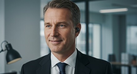 Fototapeta premium Confident Executive in Office: A sharp, composed businessman, clad in a tailored suit and sporting a subtle earpiece, gazes with an assured expression, symbolizing leadership and the modern workplace.