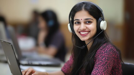 Woman wearing headset working on laptop in office. Possible use Stock photo for call center, customer service, remote work