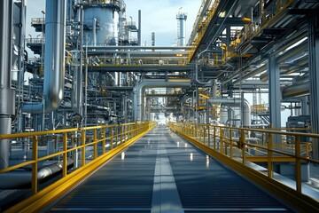 A vast industrial complex features intricate piping and walkways bathed in natural light. The structure showcases a blend of metallic elements and vibrant yellow railings.