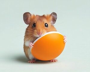 A small cute mouse holding an orange spherical object