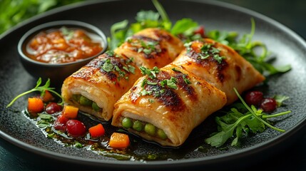 Crispy samosas golden triangular pastries stuffed spiced potatoes peas served mint chutney tamarind sauce top view highlights their vibrant plating