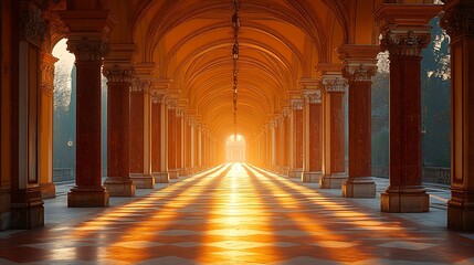 Obraz premium Elegant arched walkway with ornate pillars bathed in warm sunlight creating a captivating perspective and inviting atmosphere.