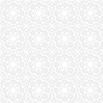 Ornate, repeating pattern of light gray, circular motifs
