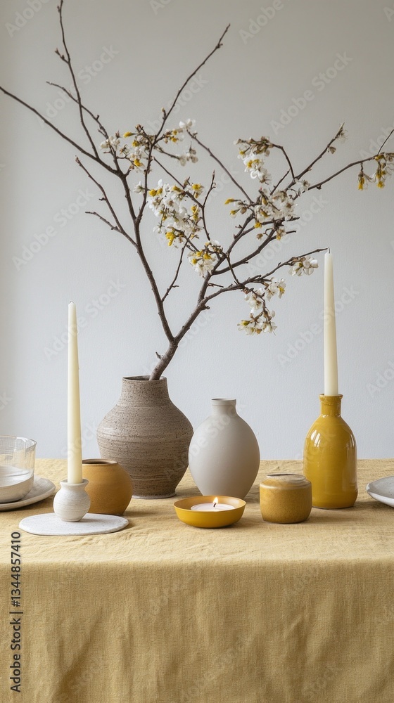 Poster a serene arrangement of simple vases in neutral tones and bright yellow accents sits on a soft yello