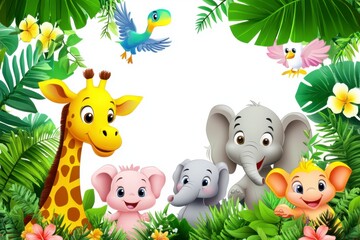 Naklejka premium A cute cartoon watercolor illustration of baby animals like giraffes, elephants, and birds in the jungle with green foliage. The background is white with some light pastel colors for coloring page