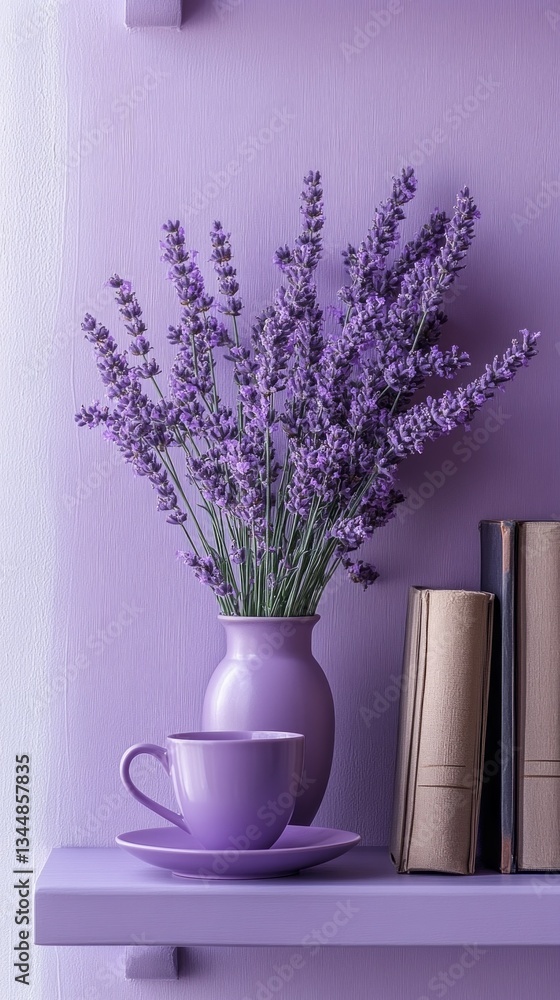Poster a soft purple wall serves as the backdrop for a charming arrangement of lavender flowers in a matchi