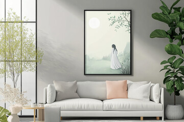 A serene woman in flowing white robes contemplates a tranquil moonlit landscape under a soft, pale sky, framed elegantly.