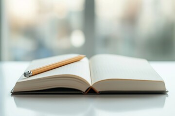 Back to school essentials with an open notebook and pencil on a white table ready for studying. open notebook lies on a white table, accompanied by a sharpened pencil
