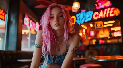 A vibrant teenage girl with pink hair in a quirky outfit poses in a trendy cafe with neon signs and modern decor