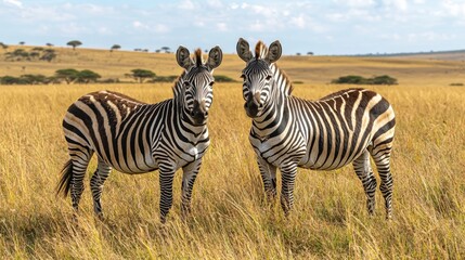 Fototapeta na wymiar Two zebras standing in a field of tall grass