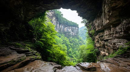 Cave Opening Frames Verdant Mountain Valley Under Cloudy Sky with Water on Foreground