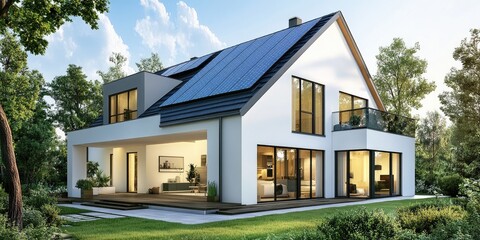 A modern house with solar panels on the roof, white walls, and black windows.
