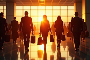 Business professionals walking through an airport terminal at sunrise, carrying briefcases, symbolizing global travel, corporate success, mobility, and teamwork
