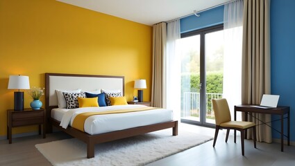Fototapeta premium Modern bedroom design with yellow wall, interior decor and furniture arrangement showcasing style and comfort 
