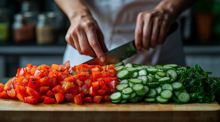 Close-up of hands chopping fresh vegetables on a wooden cutting board with tomatoes and cucumbers, ideal for healthy eating, cooking tutorials, food blogs, and kitchenware marketing