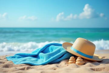 Straw hat and blue towel on sandy beach with small sand sculptures near ocean waves under clear blue sky, symbolizing relaxation, summer vacation, and seaside getaway.