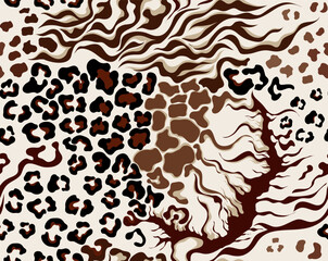 Leopard, zebra, tiger and giraffe pattern. Animals collage pattern. Seamless patchwork pattern design