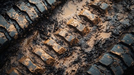 Close-up of muddy tire tracks in wet soil.