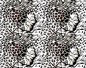 Leopard, zebra, tiger and giraffe pattern. Animals collage pattern. Seamless patchwork pattern design