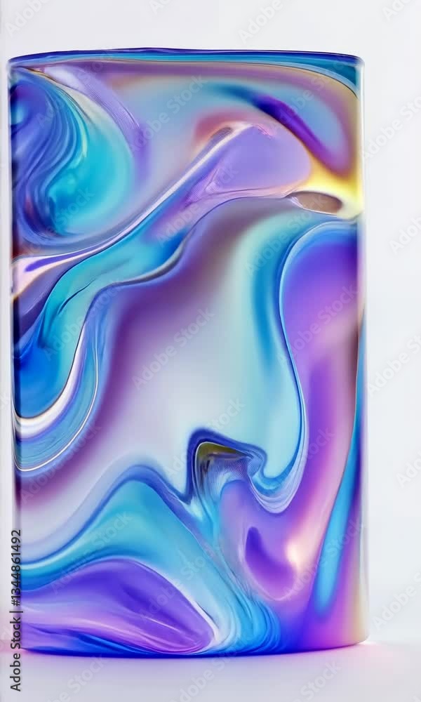 Poster iridescent crystal block rotating on white background