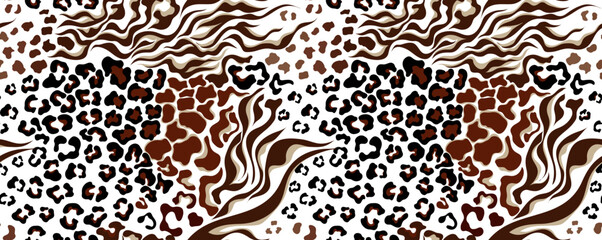 Leopard, zebra, tiger and giraffe pattern. Animals collage pattern. Seamless patchwork pattern design