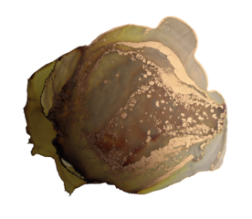 PNG Glow texture alcohol ink, watercolor flow wave painting blot. Abstract green, gold metallic grain stain on transparent background.